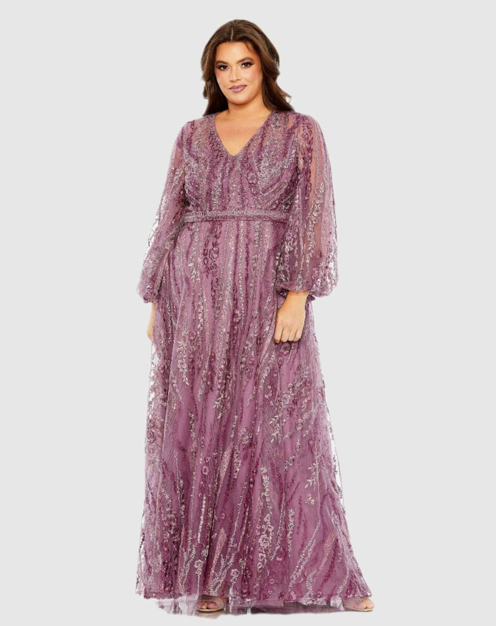 Plus Size Dresses | Women Mac Duggal V Neck Puff Sleeve Embroidered A Line Gown Mauve