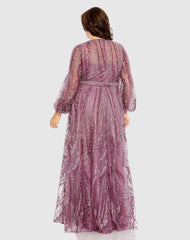 Plus Size Dresses | Women Mac Duggal V Neck Puff Sleeve Embroidered A Line Gown Mauve