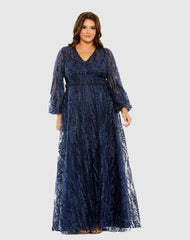 Plus Size Dresses | Women Mac Duggal V Neck Puff Sleeve Embroidered A Line Gown Mauve