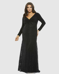 Plus Size Dresses | Women Mac Duggal Wrap-Over Long Sleeve Lace Applique Trumpet Gown (Plus) Black