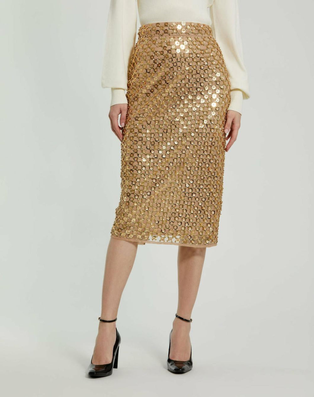 Skirts | Women Mac Duggal Georgette Embellished Fitted Midi Pencil Skirt Antique Gold