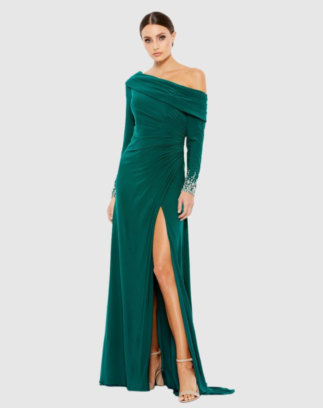 Best Sellers | Women Mac Duggal Beaded Cuff Drop Shoulder Faux Wrap Dress Emerald