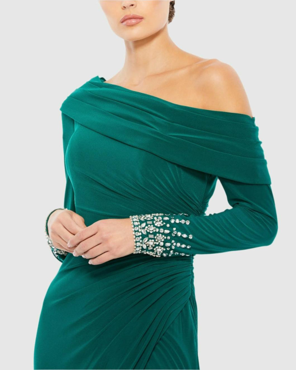 Best Sellers | Women Mac Duggal Beaded Cuff Drop Shoulder Faux Wrap Dress Emerald