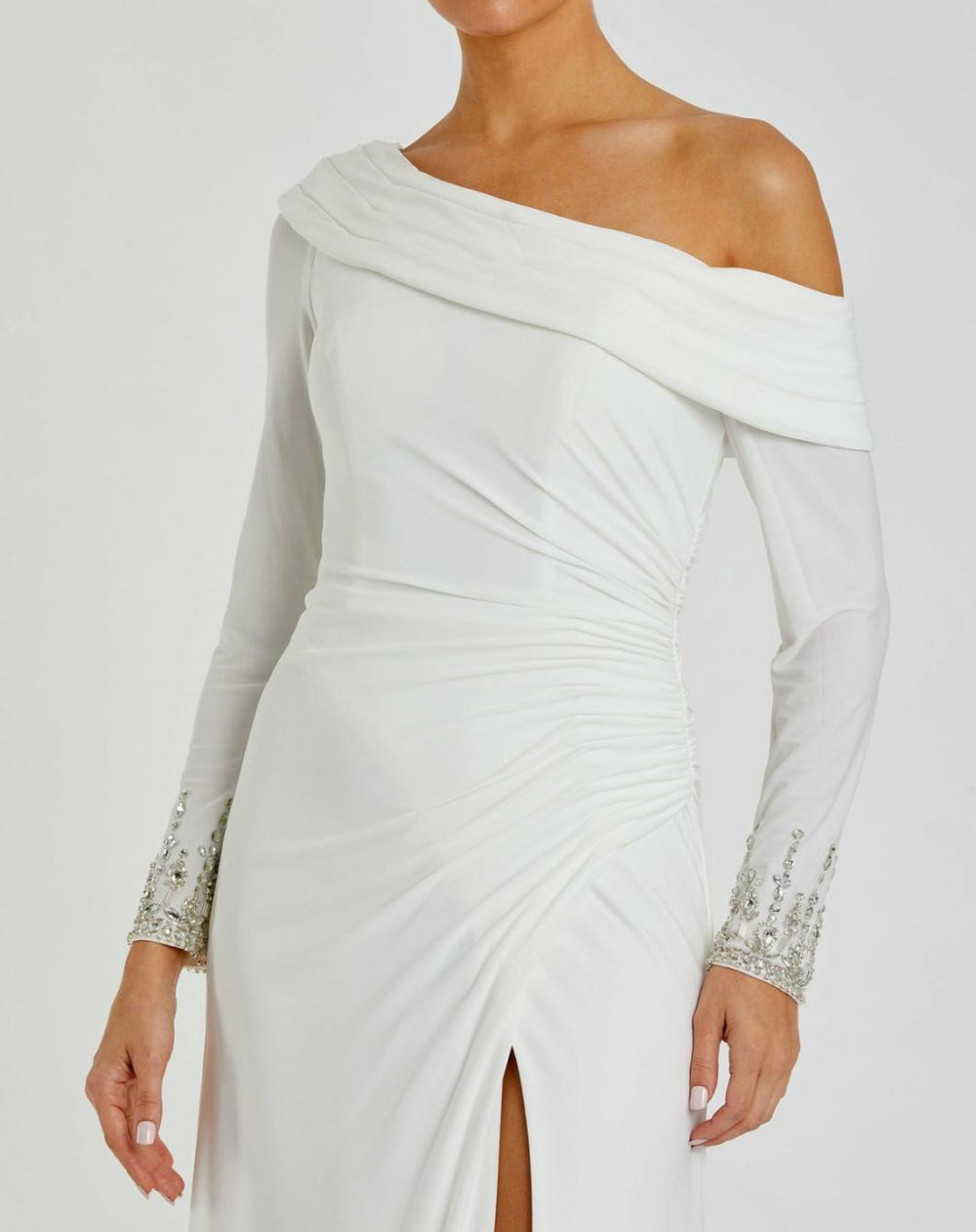 Best Sellers | Women Mac Duggal Beaded Cuff Drop Shoulder Faux Wrap Dress White