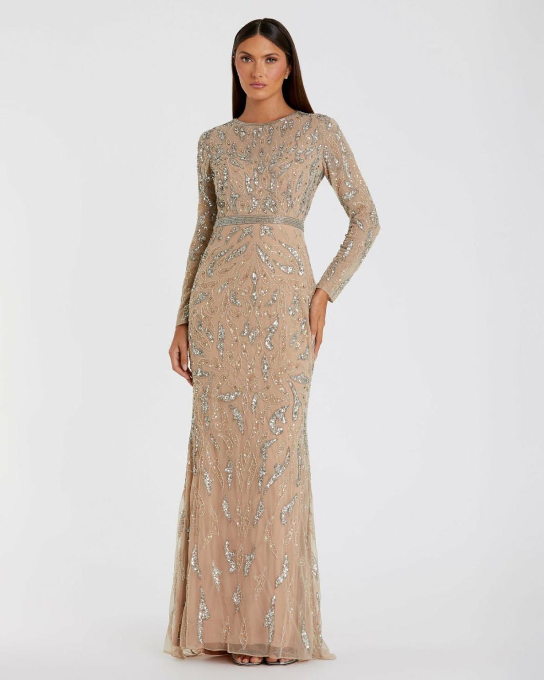 Best Sellers | Women Mac Duggal Beige Beaded Long Sleeve Evening Gown Mocha