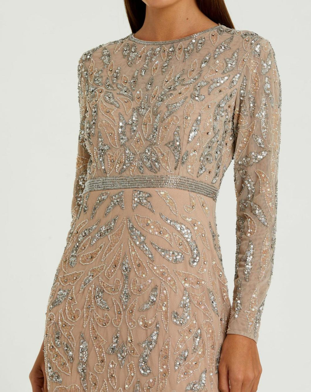 Best Sellers | Women Mac Duggal Beige Beaded Long Sleeve Evening Gown Mocha