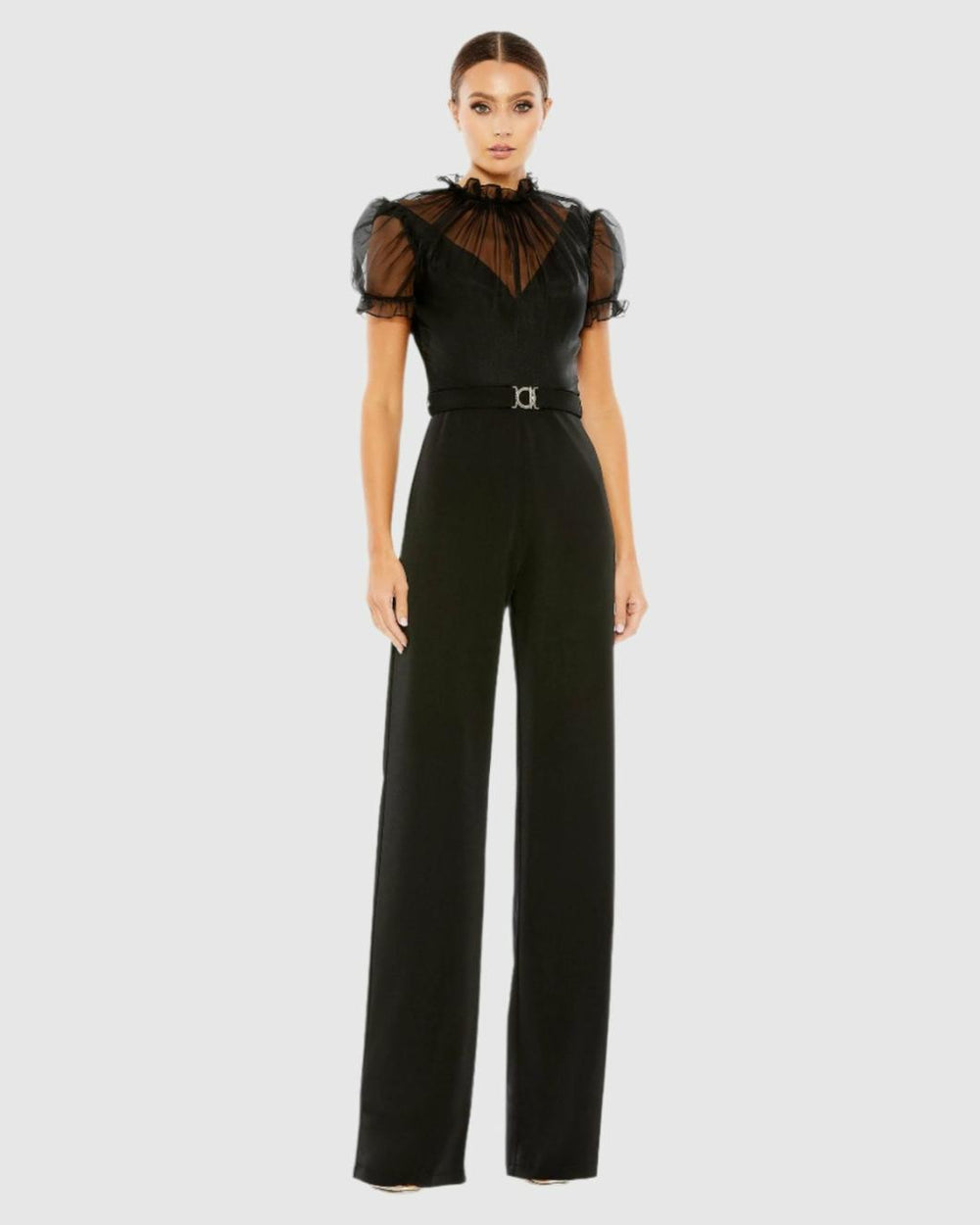 Best Sellers | Women Mac Duggal Black Belted Illusion High Neck Cap Sleeve Jumpsuit Black