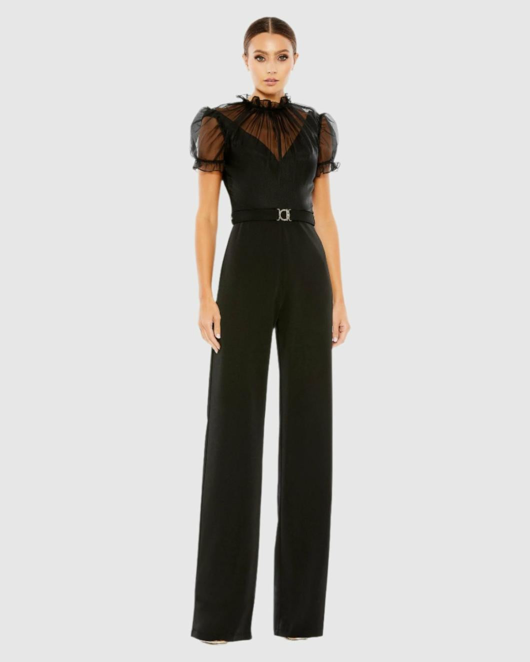 Best Sellers | Women Mac Duggal Black Belted Illusion High Neck Cap Sleeve Jumpsuit Black