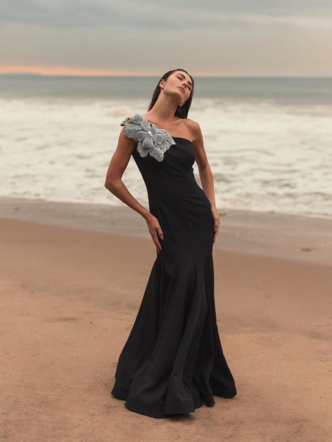 Best Sellers | Women Mac Duggal Black Crepe One Shoulder Gown With Flower Black