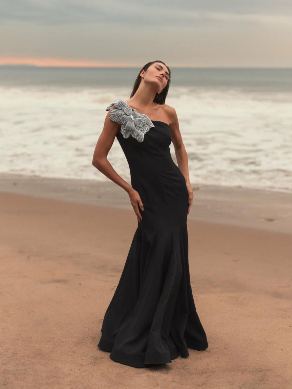 Best Sellers | Women Mac Duggal Black Crepe One Shoulder Gown With Flower Black