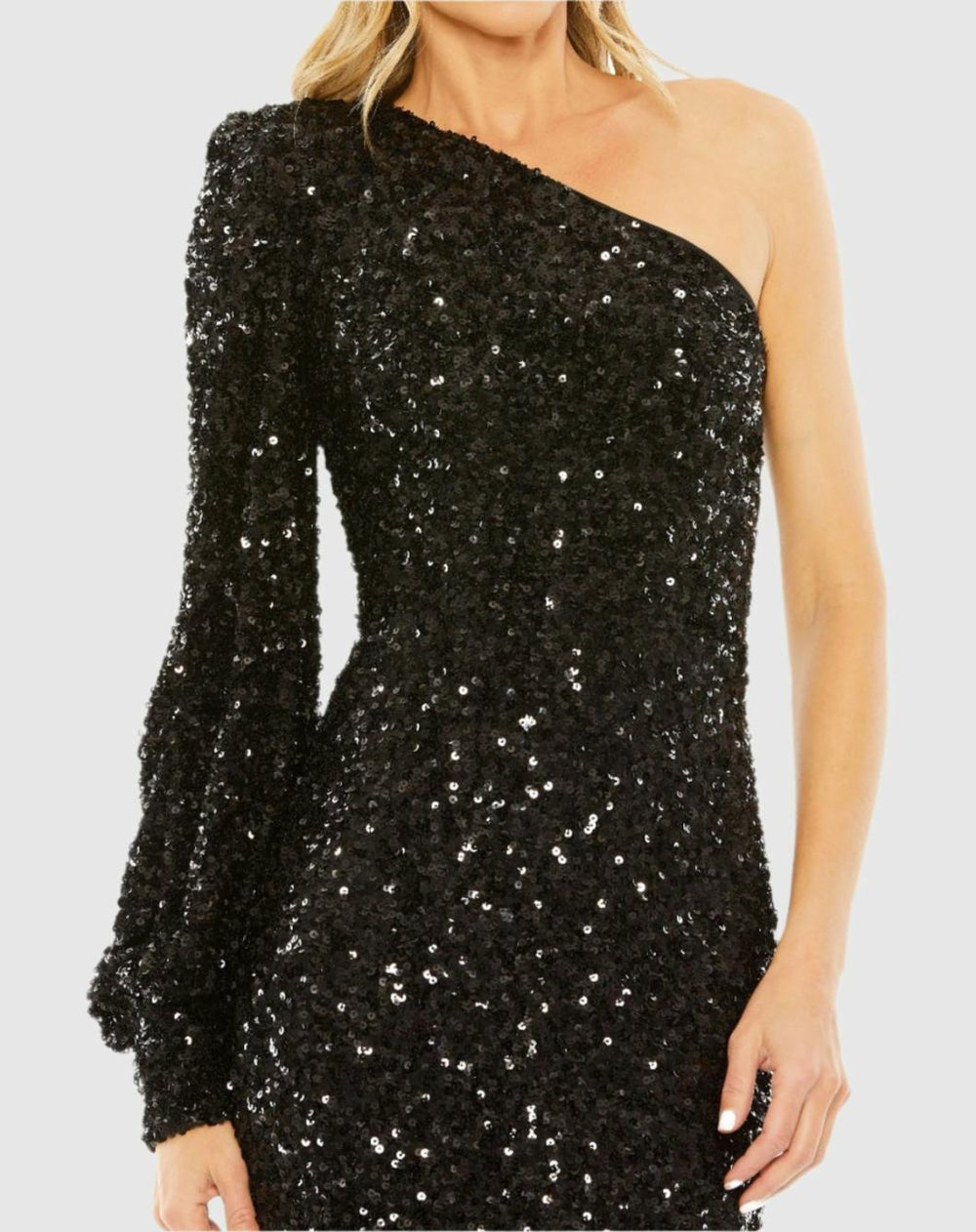 Best Sellers | Women Mac Duggal Black Sequined One Shoulder Bishop Sleeve Trumpet Gown Black