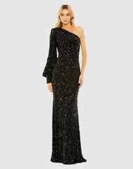 Best Sellers | Women Mac Duggal Black Sequined One Shoulder Bishop Sleeve Trumpet Gown Black