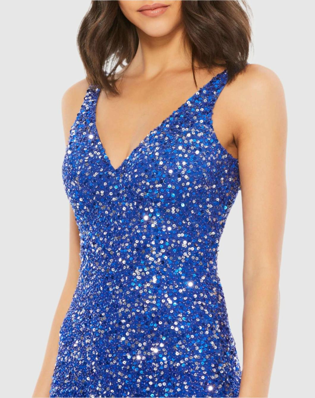 Best Sellers | Women Mac Duggal Blue Sequined Sleeveless V Neck Side Slit Gown Royal Blue