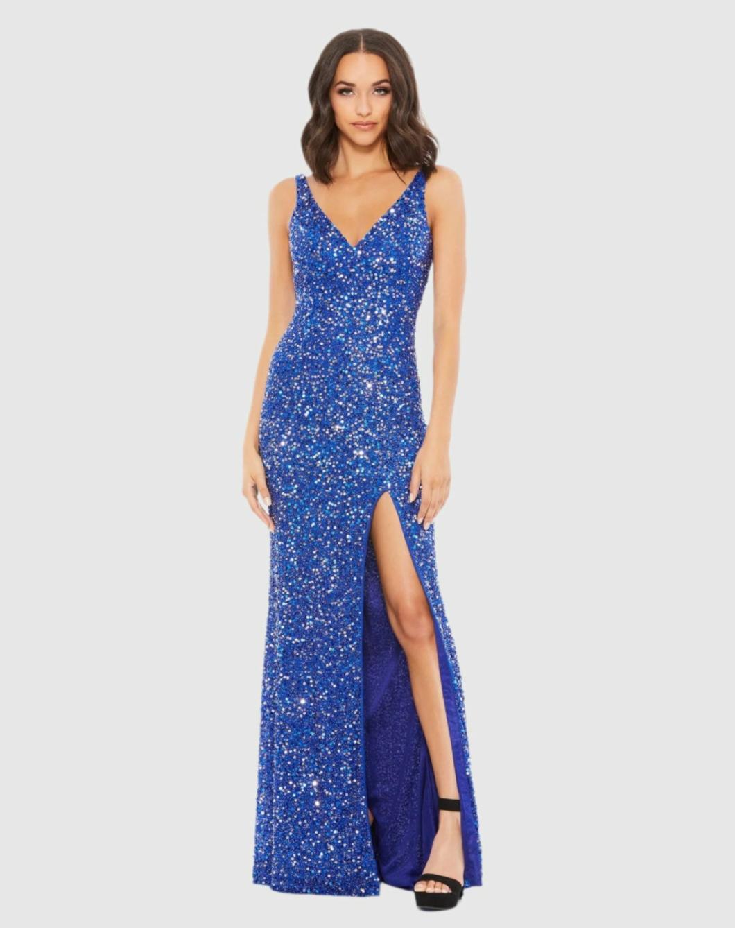 Best Sellers | Women Mac Duggal Blue Sequined Sleeveless V Neck Side Slit Gown Royal Blue