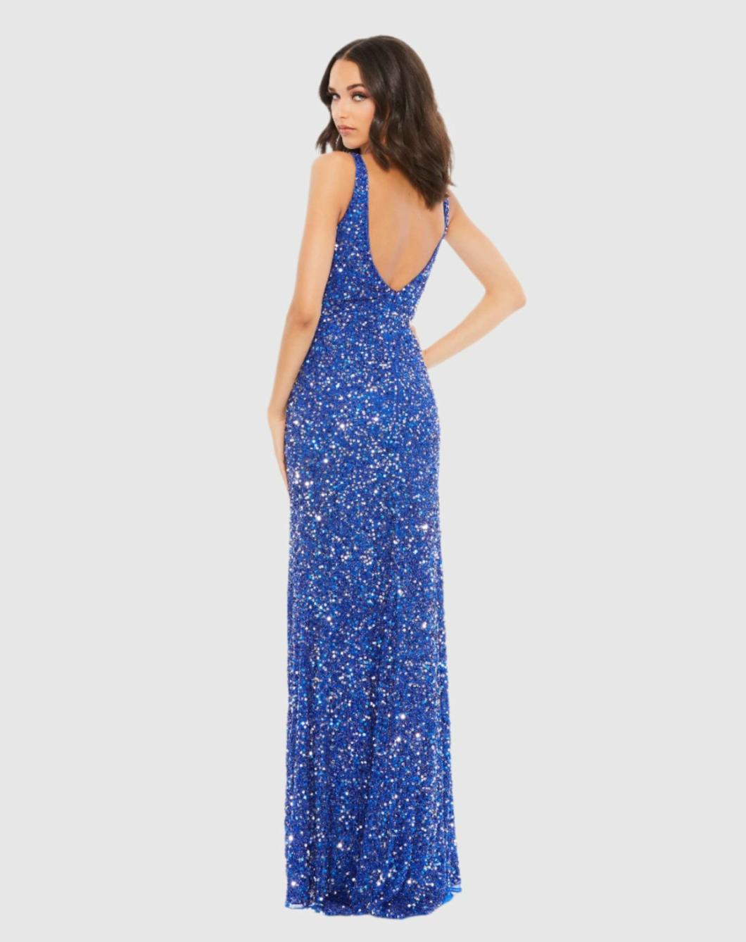 Best Sellers | Women Mac Duggal Blue Sequined Sleeveless V Neck Side Slit Gown Royal Blue