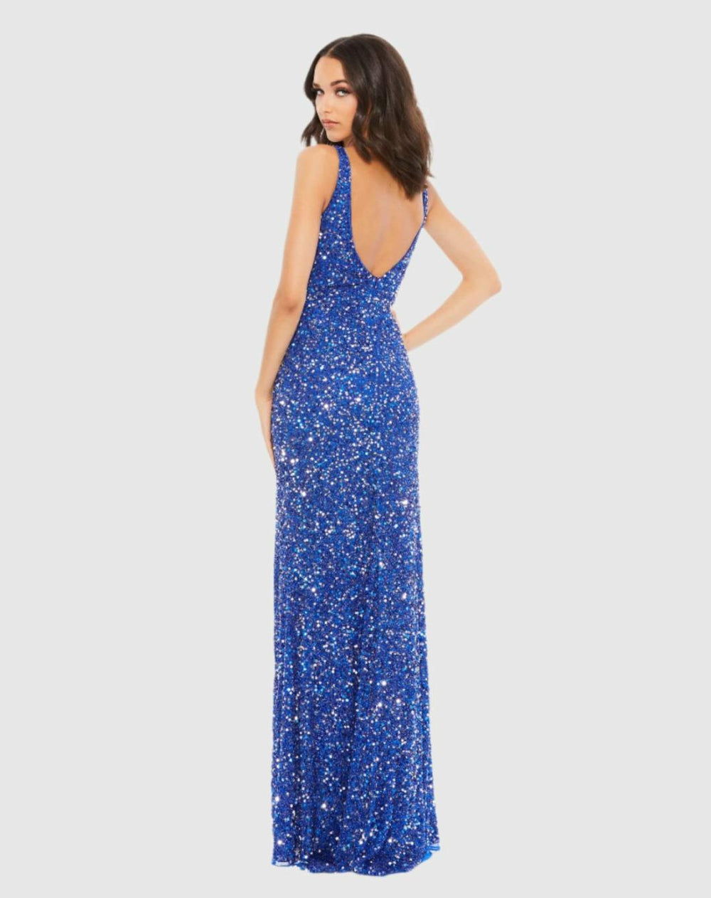Best Sellers | Women Mac Duggal Blue Sequined Sleeveless V Neck Side Slit Gown Royal Blue