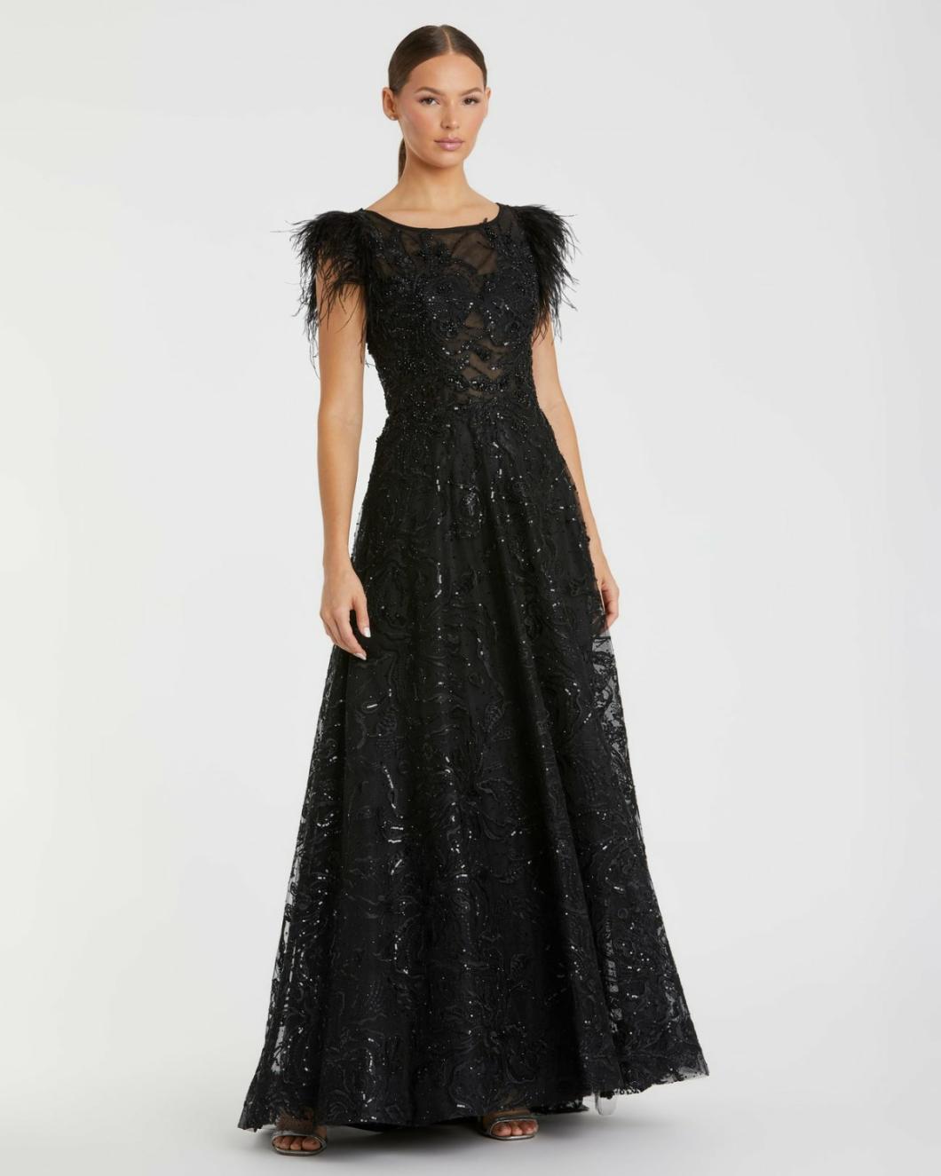 Best Sellers | Women Mac Duggal Embellished Feather Cap Sleeve Bateau A Line Gown Black