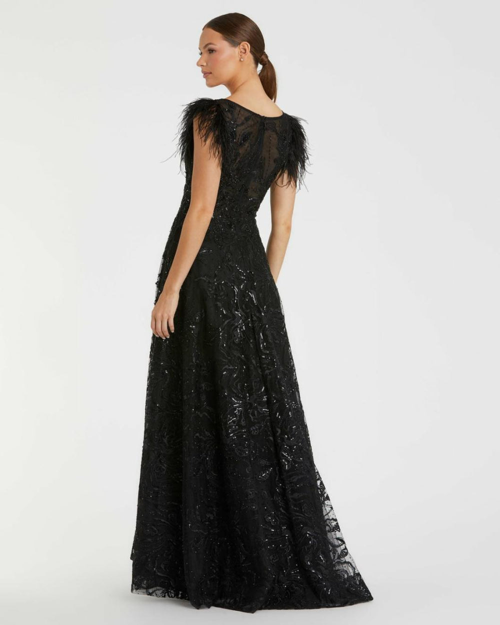 Best Sellers | Women Mac Duggal Embellished Feather Cap Sleeve Bateau A Line Gown Black