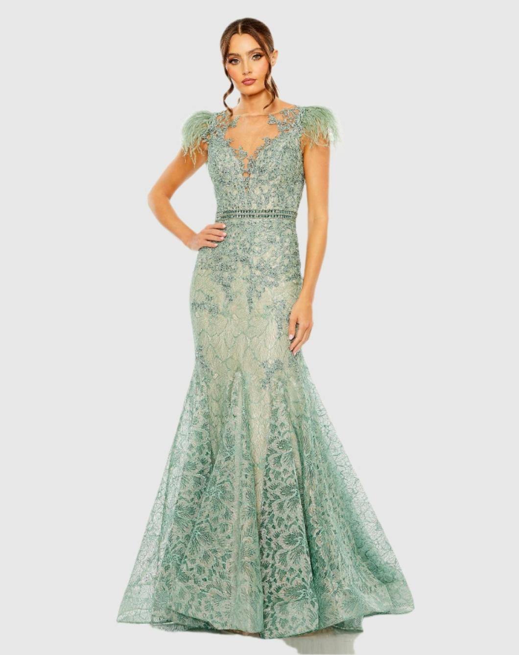 Best Sellers | Women Mac Duggal Embellished Feather Cap Sleeve Illusion Neck Trumpet Gown Sage