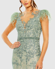 Best Sellers | Women Mac Duggal Embellished Feather Cap Sleeve Illusion Neck Trumpet Gown Sage