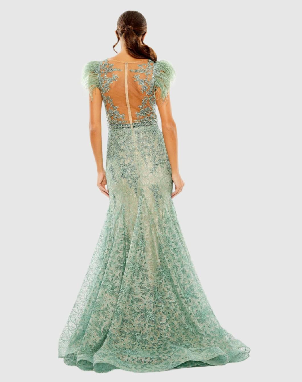 Best Sellers | Women Mac Duggal Embellished Feather Cap Sleeve Illusion Neck Trumpet Gown Sage