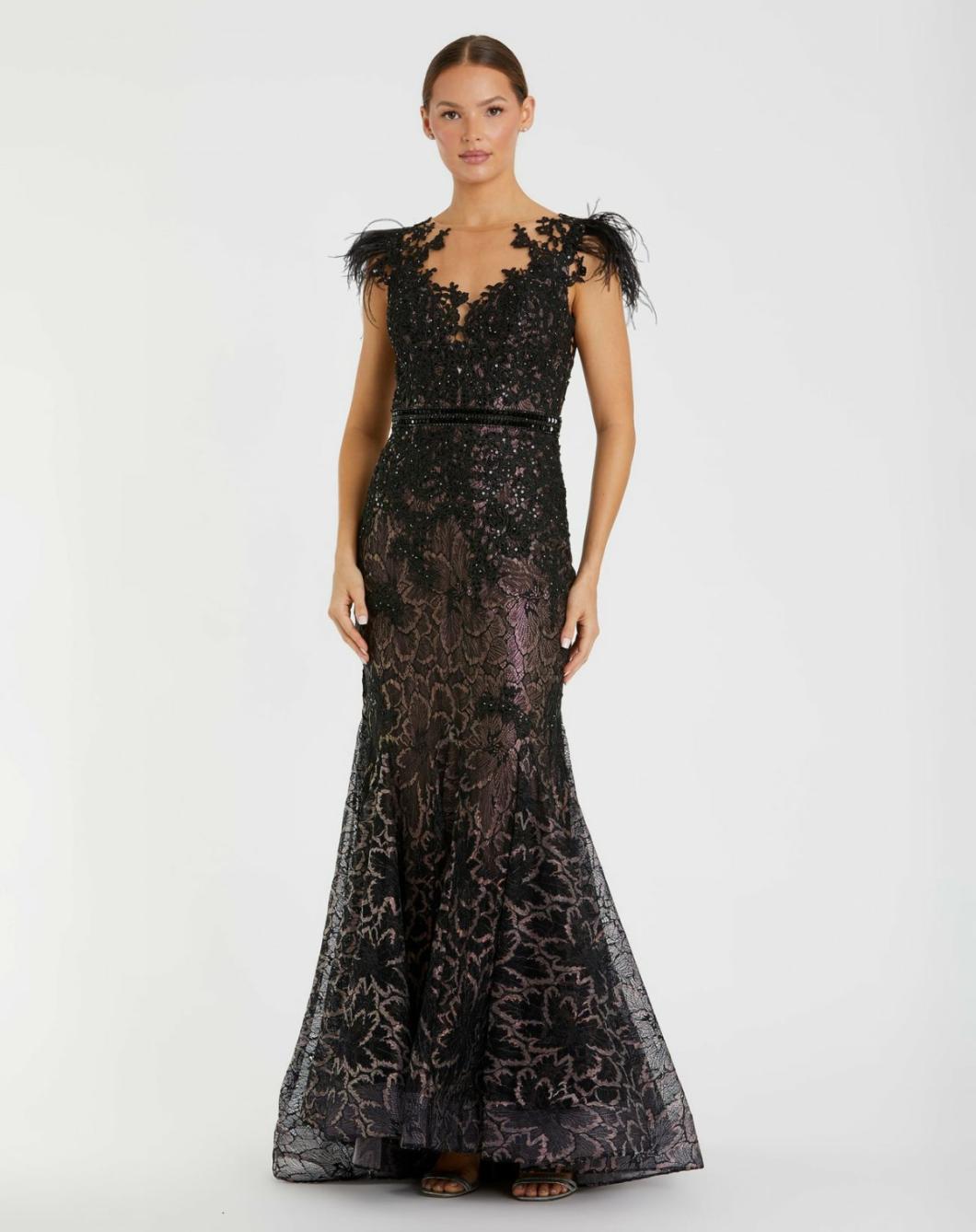 Best Sellers | Women Mac Duggal Embellished Feather Cap Sleeve Illusion Neck Trumpet Gown Sage