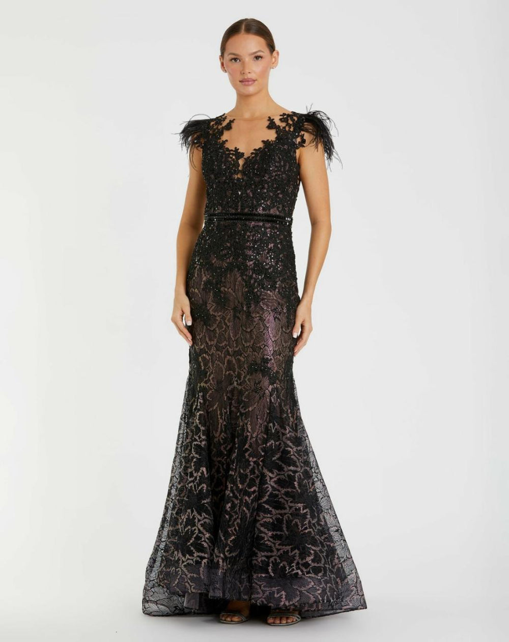 Best Sellers | Women Mac Duggal Embellished Feather Cap Sleeve Illusion Neck Trumpet Gown Sage