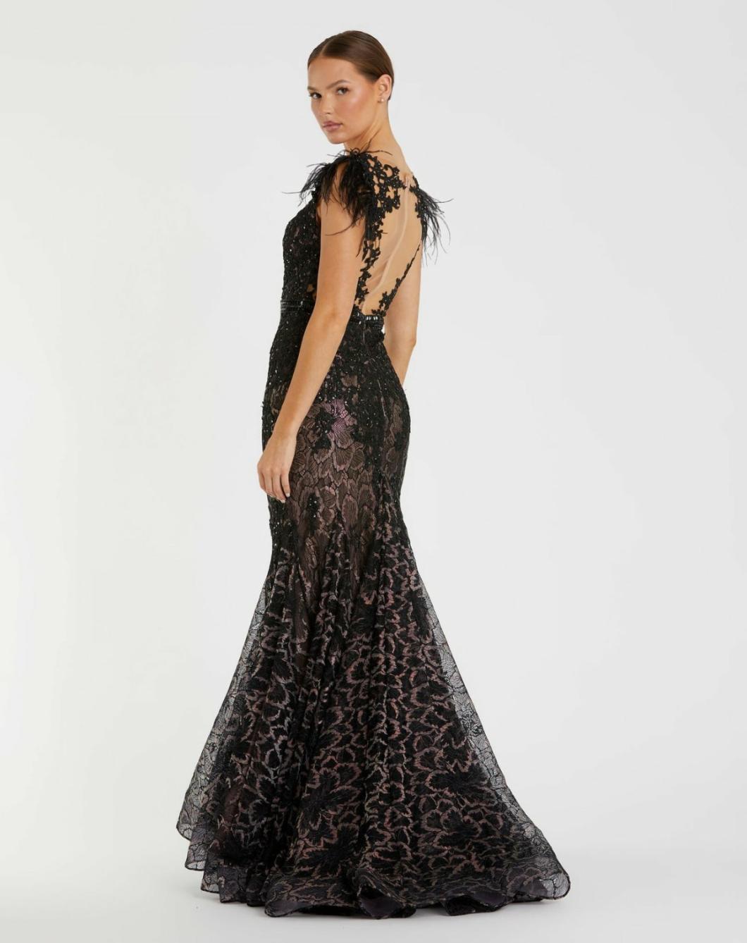Best Sellers | Women Mac Duggal Embellished Feather Cap Sleeve Illusion Neck Trumpet Gown Sage