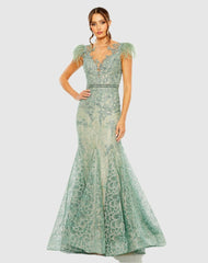 Best Sellers | Women Mac Duggal Embellished Feather Cap Sleeve Illusion Neck Trumpet Gown Sage