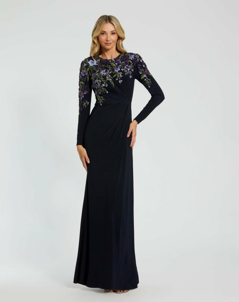 Best Sellers | Women Mac Duggal Embellished Long Sleeve Fitted Jersey Gown Midnight