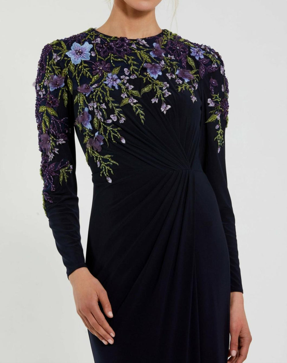 Best Sellers | Women Mac Duggal Embellished Long Sleeve Fitted Jersey Gown Midnight