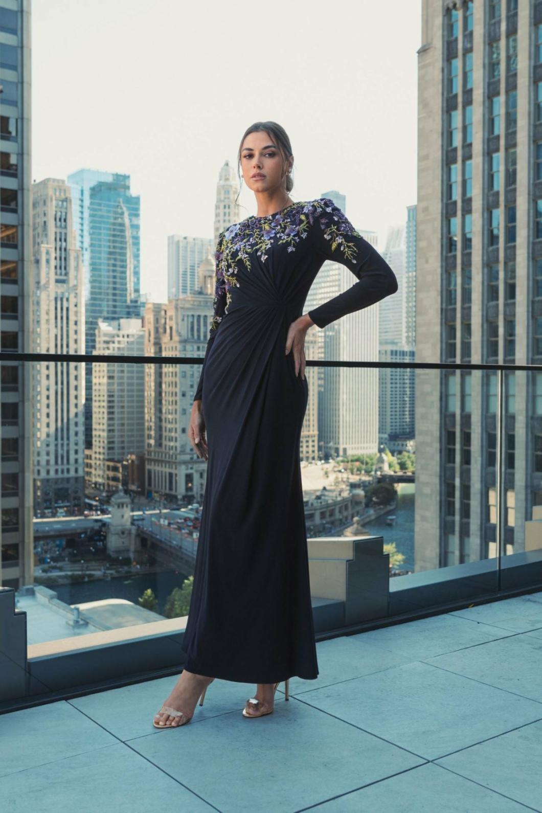 Best Sellers | Women Mac Duggal Embellished Long Sleeve Fitted Jersey Gown Midnight