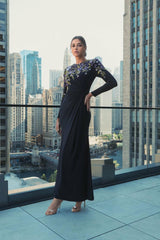 Best Sellers | Women Mac Duggal Embellished Long Sleeve Fitted Jersey Gown Midnight