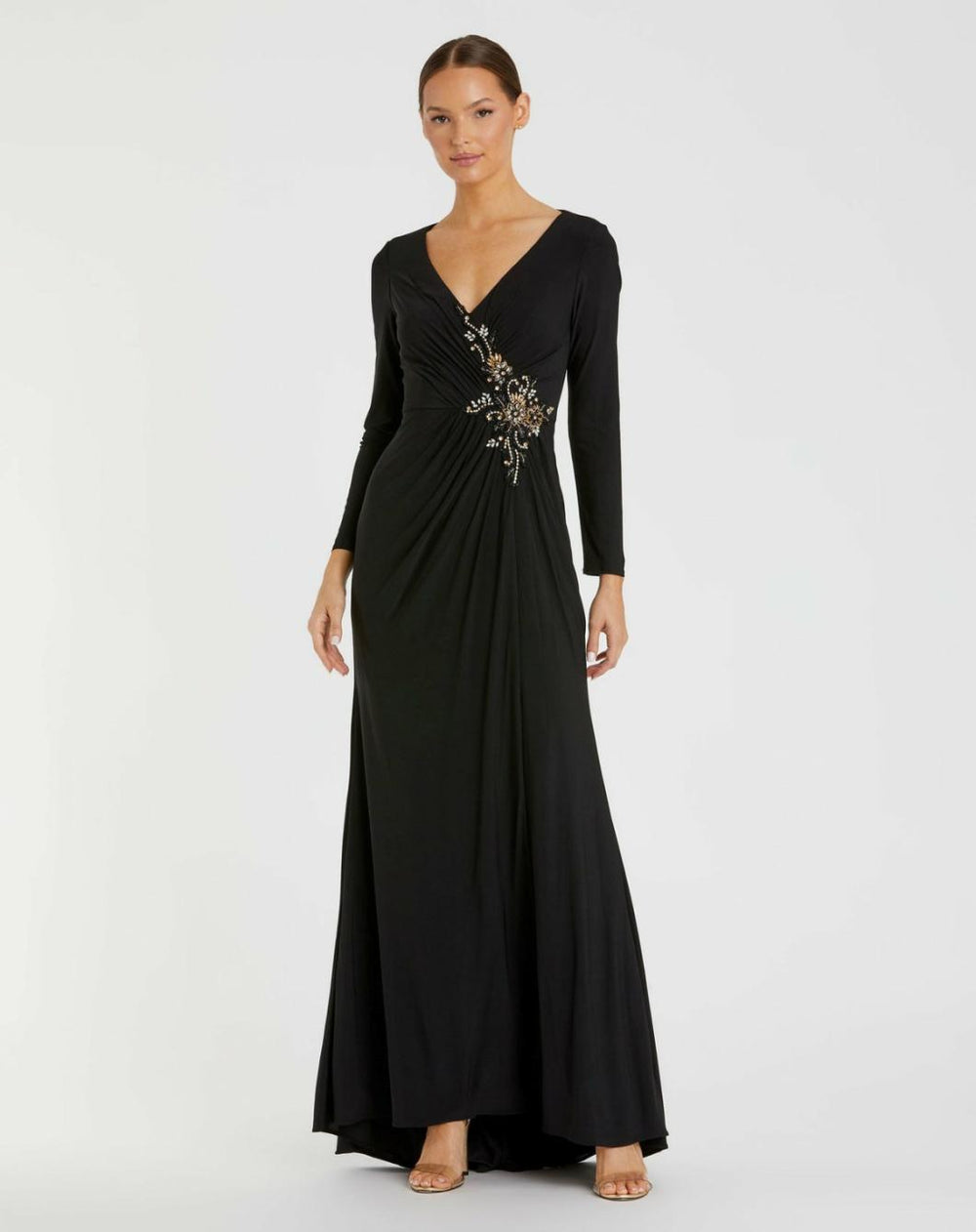 Best Sellers | Women Mac Duggal Faux Wrap Long Sleeve Gown W/ Appliqué Detail Black