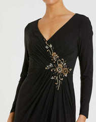 Best Sellers | Women Mac Duggal Faux Wrap Long Sleeve Gown W/ Appliqué Detail Black
