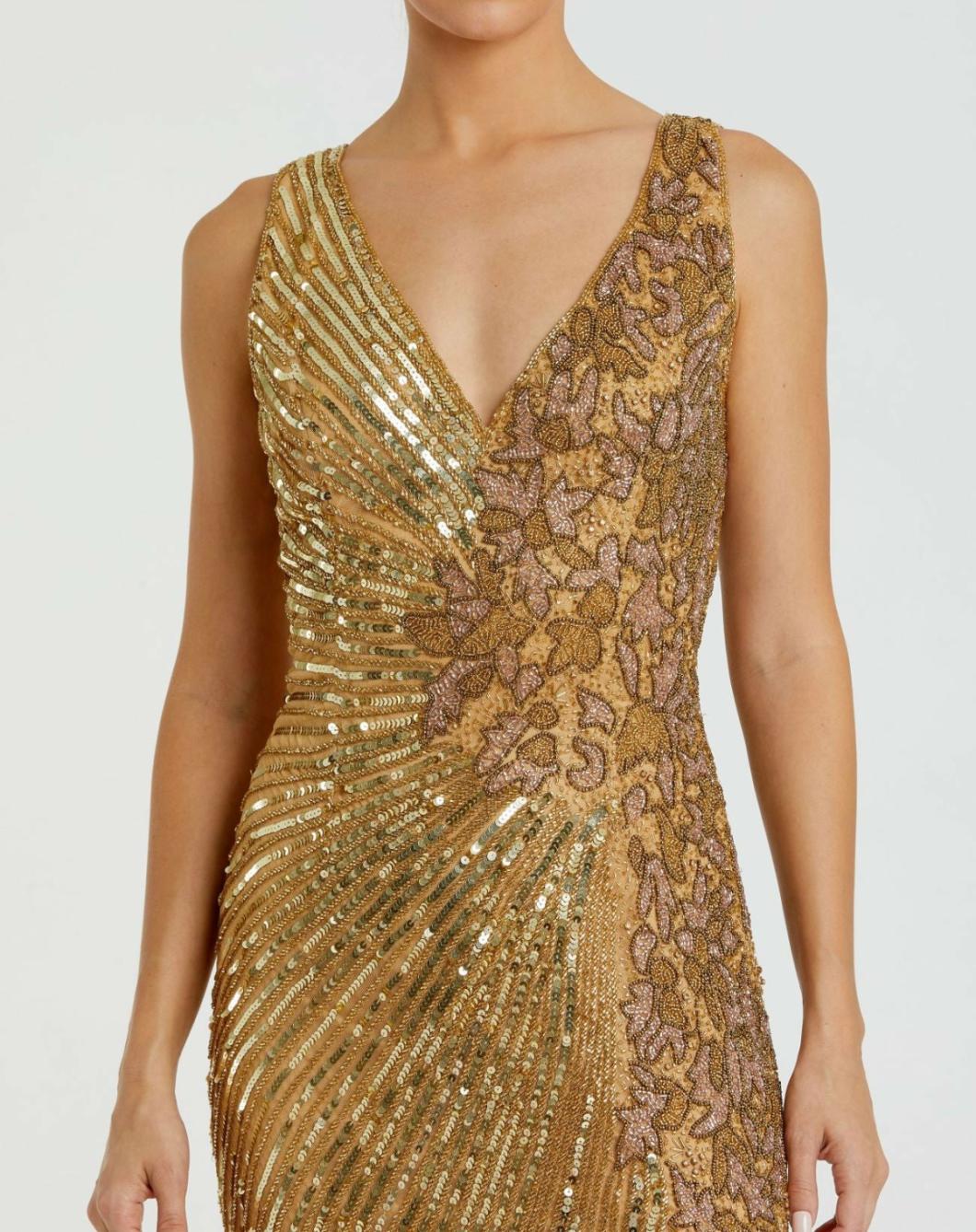 Best Sellers | Women Mac Duggal Gold Beaded Floral Sleeveless Gown Gold
