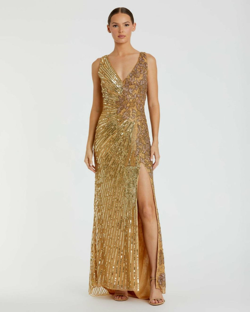 Best Sellers | Women Mac Duggal Gold Beaded Floral Sleeveless Gown Gold