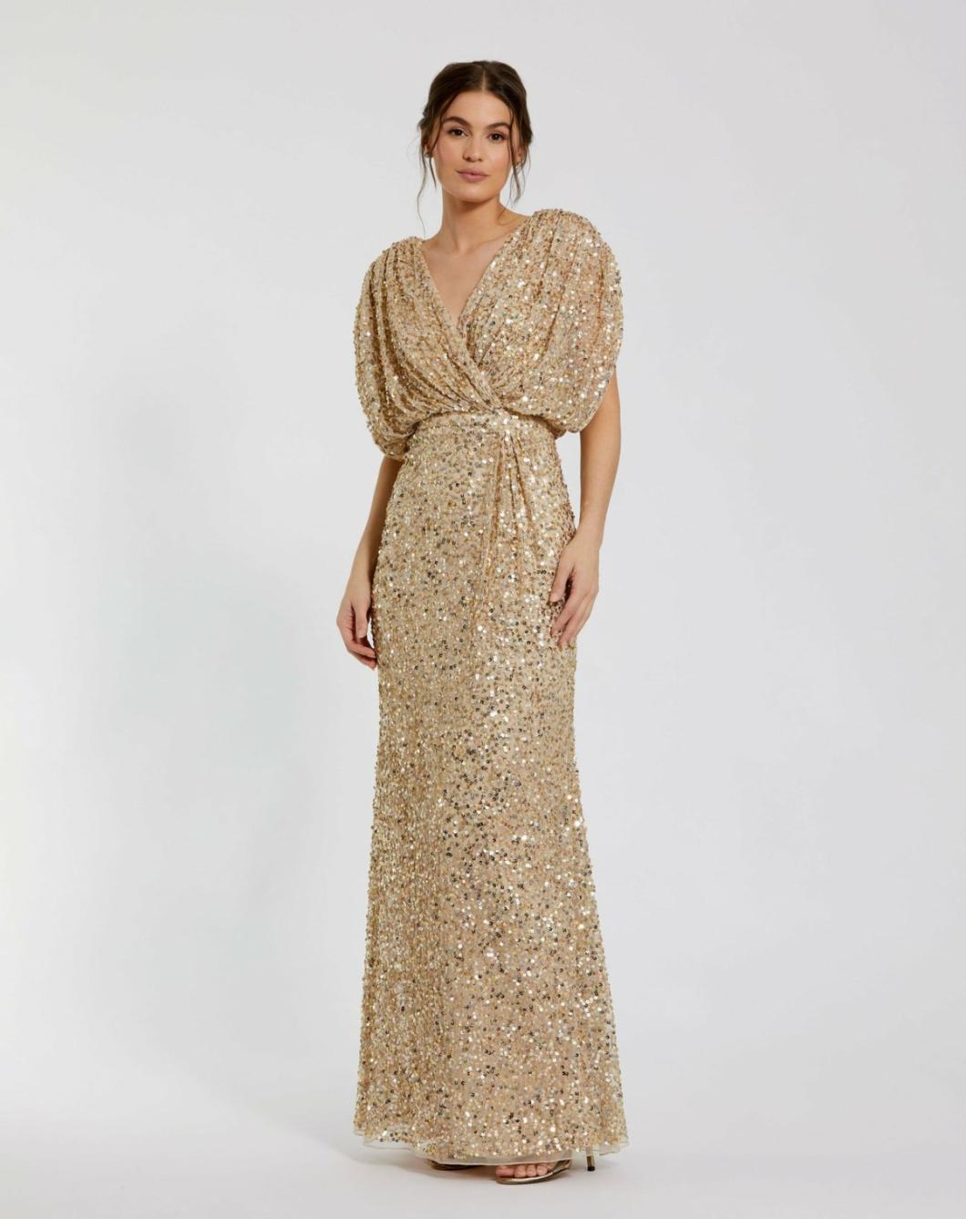 Best Sellers | Women Mac Duggal Gold Draped Sleeve V Neck Gown Nude Gold