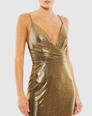Best Sellers | Women Mac Duggal Gold Metallic Faux Wrap Spaghetti Strap Gown Bronze