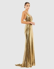 Best Sellers | Women Mac Duggal Gold Metallic Faux Wrap Spaghetti Strap Gown Bronze