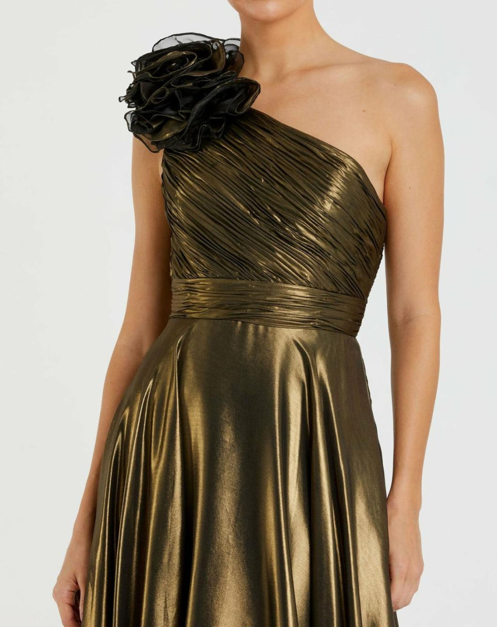 Best Sellers | Women Mac Duggal Gold Rosette One Shoulder Tea Length Dress Antique Gold