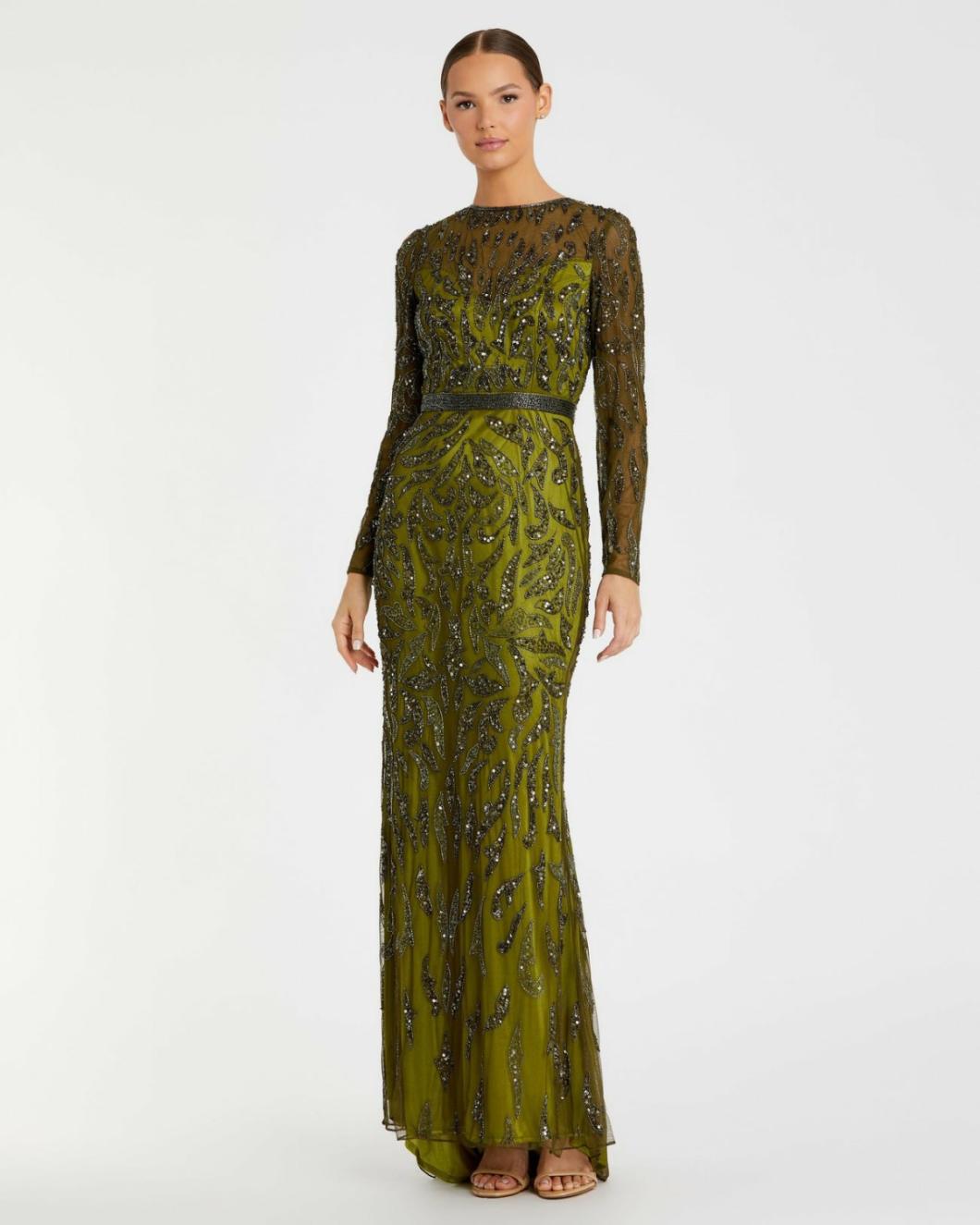 Best Sellers | Women Mac Duggal Green Beaded Long Sleeve Evening Gown Olive