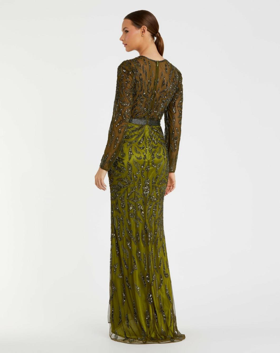 Best Sellers | Women Mac Duggal Green Beaded Long Sleeve Evening Gown Olive