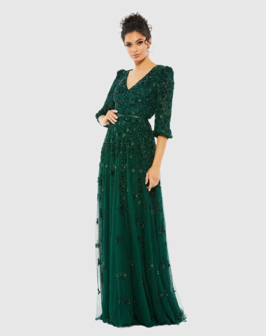 Best Sellers | Women Mac Duggal Green Embellished V Neck 3/4 Sleeve A Line Gown Deep Emerald