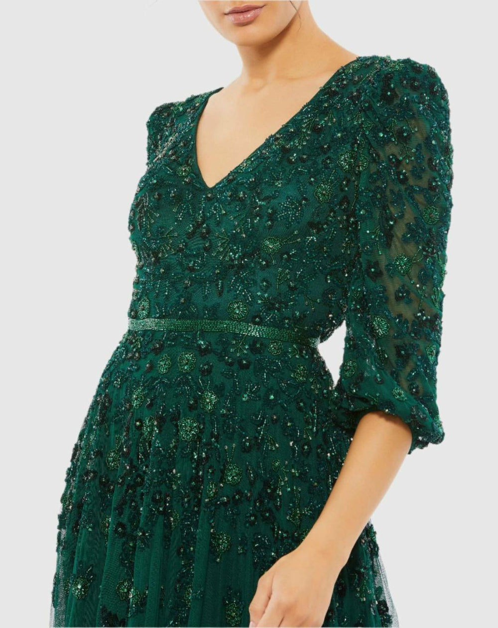 Best Sellers | Women Mac Duggal Green Embellished V Neck 3/4 Sleeve A Line Gown Deep Emerald