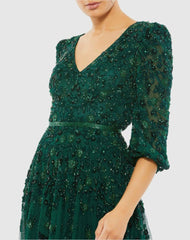 Best Sellers | Women Mac Duggal Green Embellished V Neck 3/4 Sleeve A Line Gown Deep Emerald
