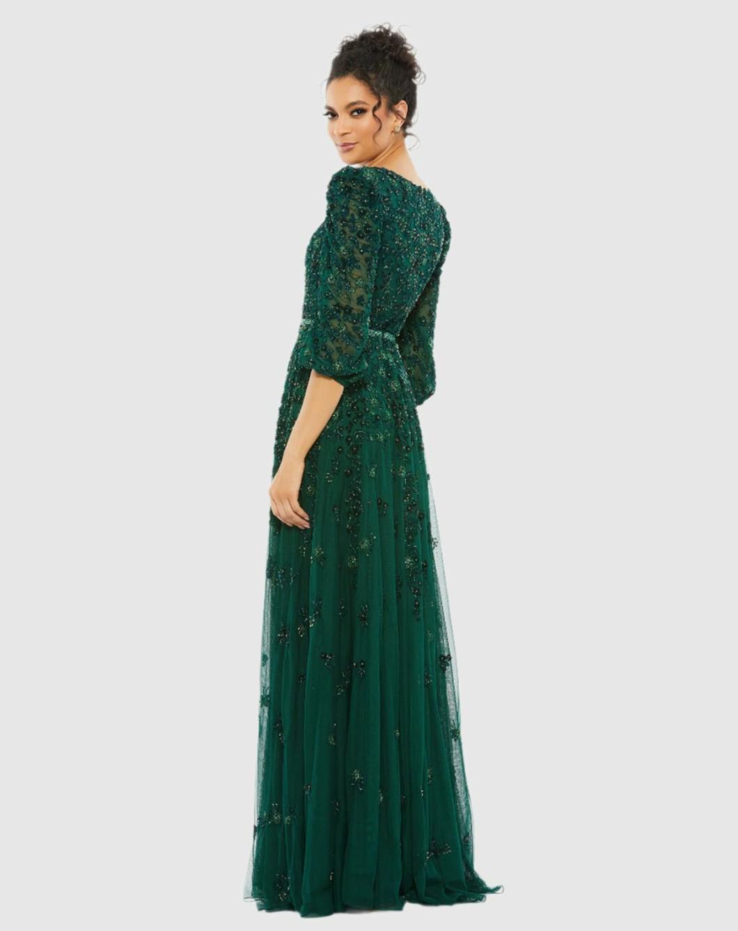 Best Sellers | Women Mac Duggal Green Embellished V Neck 3/4 Sleeve A Line Gown Deep Emerald