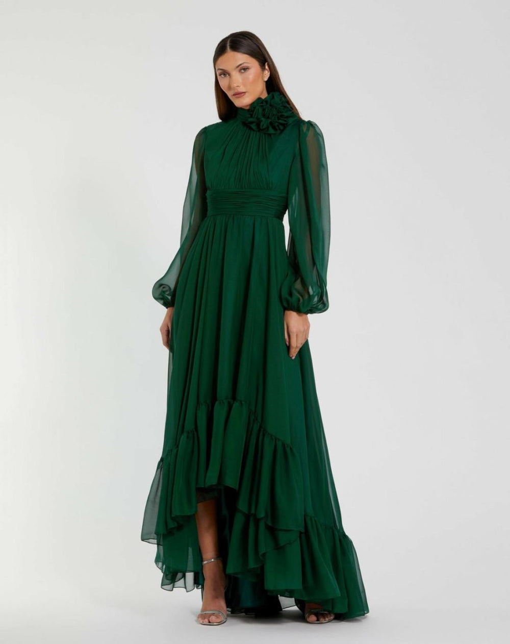 Best Sellers | Women Mac Duggal High Low Long Sleeve Chiffon Gown With 3D Flower Emerald