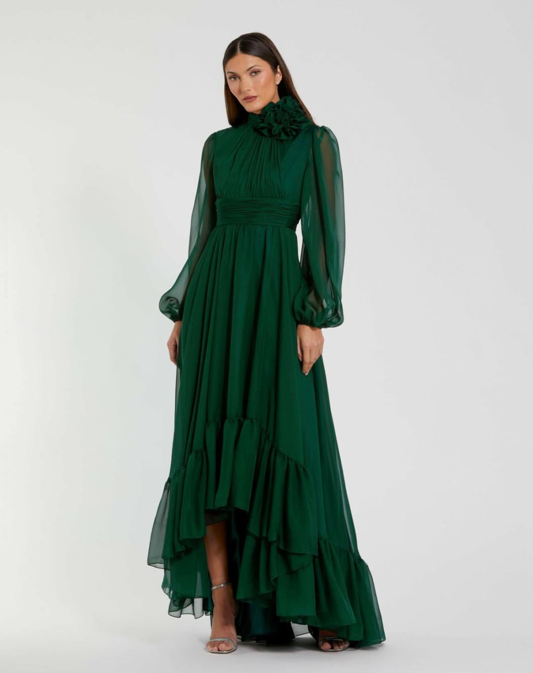 Best Sellers | Women Mac Duggal High Low Long Sleeve Chiffon Gown With 3D Flower Emerald