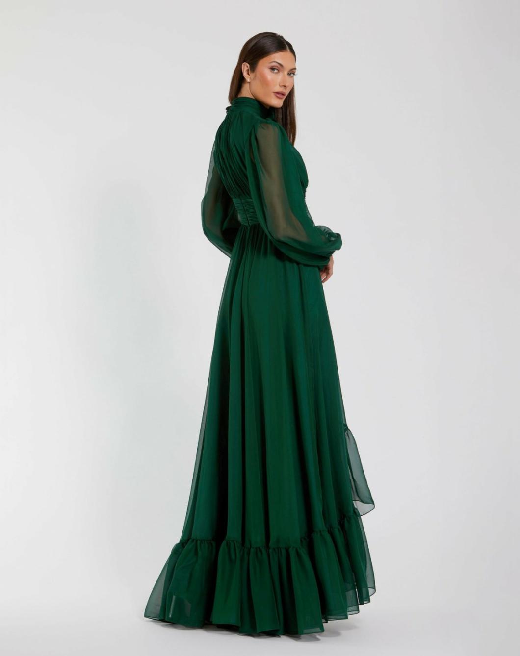Best Sellers | Women Mac Duggal High Low Long Sleeve Chiffon Gown With 3D Flower Emerald